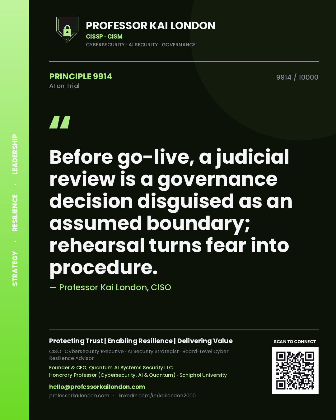Professor Kai London principle 9914: Before go-live, a judicial review is a governance decision disguised as an assumed boundary; rehearsal turns fear into procedure.
