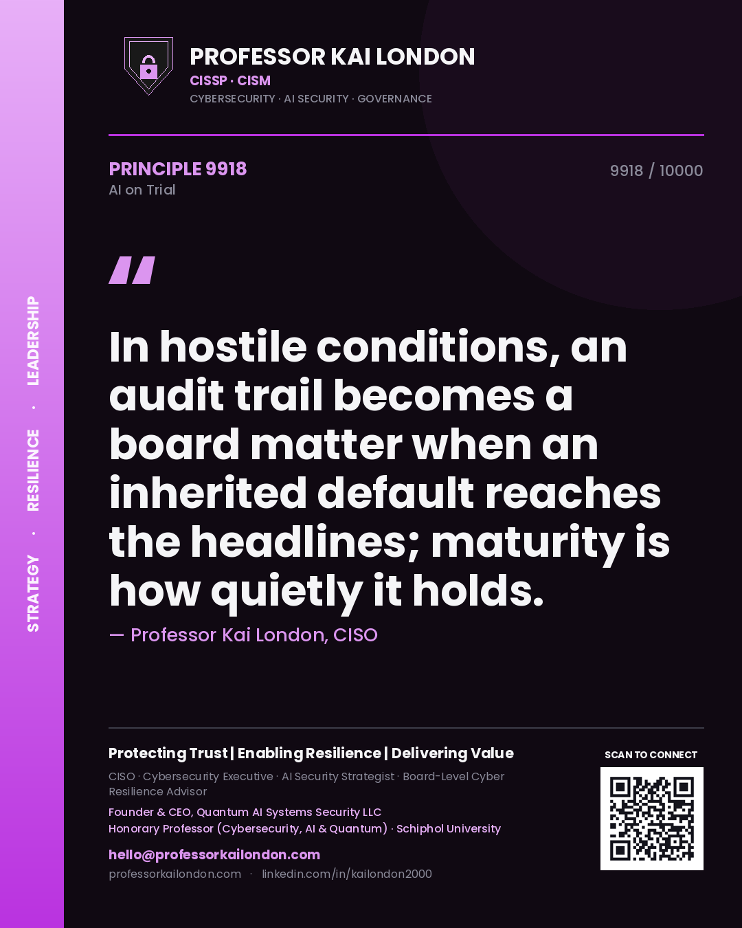 Professor Kai London principle 9918: In hostile conditions, an audit trail becomes a board matter when an inherited default reaches the headlines; maturity is how quietly it holds.