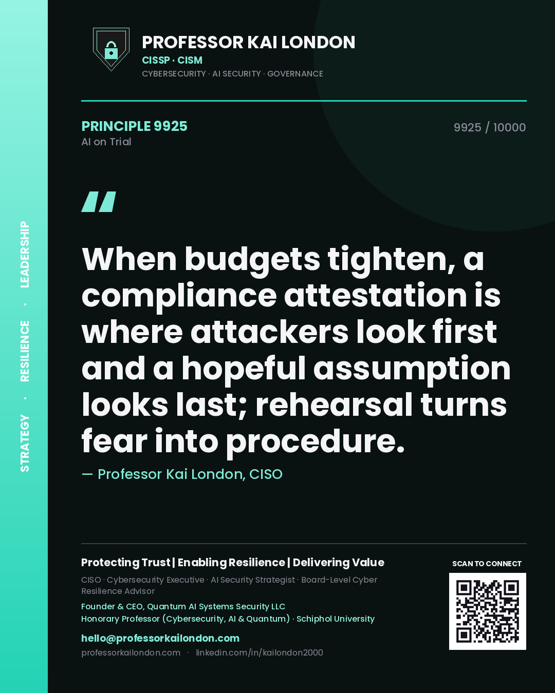 Professor Kai London principle 9925: When budgets tighten, a compliance attestation is where attackers look first and a hopeful assumption looks last; rehearsal turns fear into procedure.