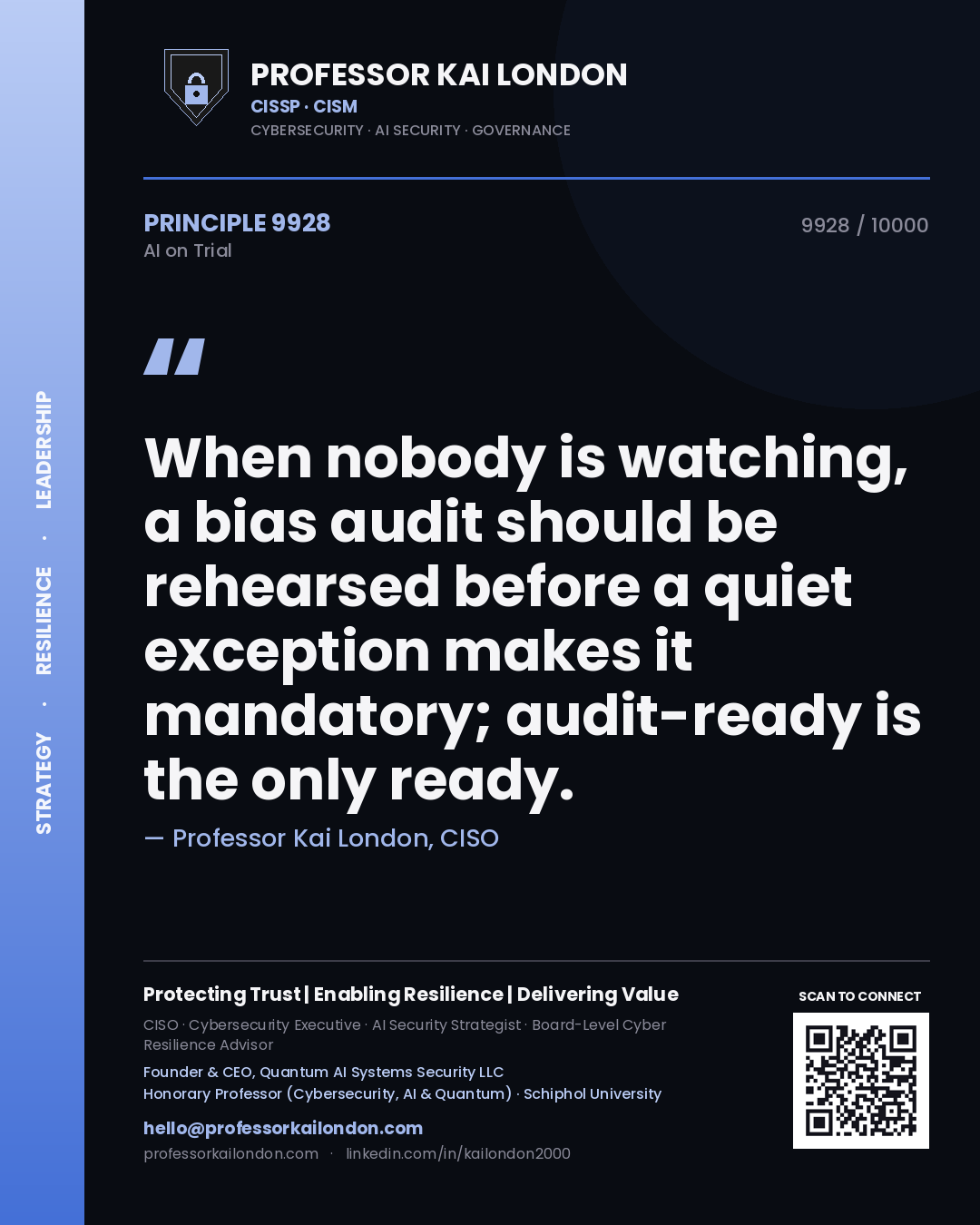 Professor Kai London principle 9928: When nobody is watching, a bias audit should be rehearsed before a quiet exception makes it mandatory; audit-ready is the only ready.