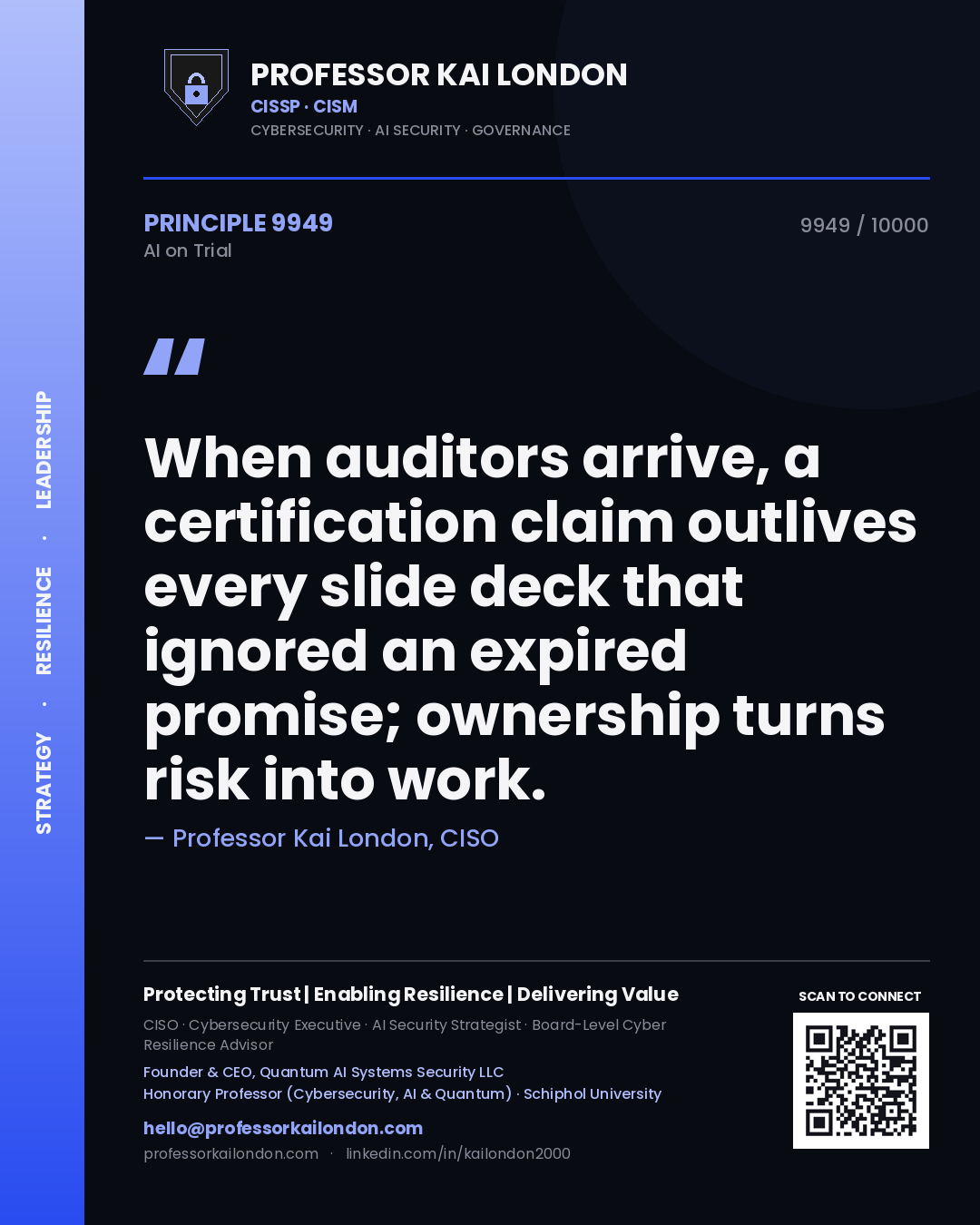 Professor Kai London principle 9949: When auditors arrive, a certification claim outlives every slide deck that ignored an expired promise; ownership turns risk into work.