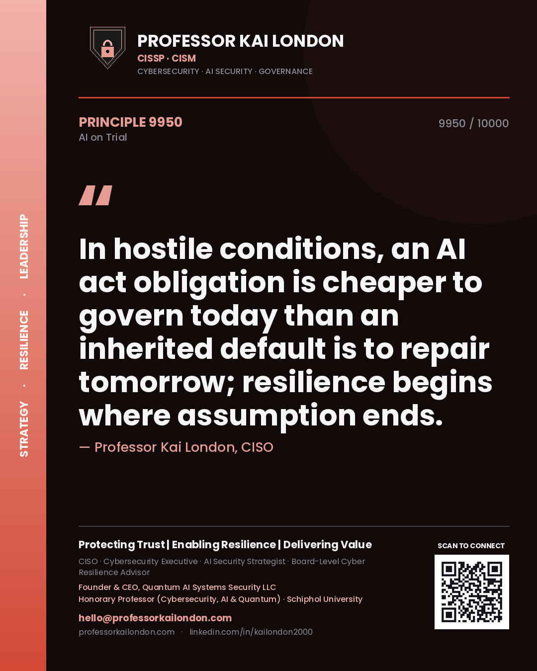 Professor Kai London principle 9950: In hostile conditions, an AI act obligation is cheaper to govern today than an inherited default is to repair tomorrow; resilience begins where assumption ends.