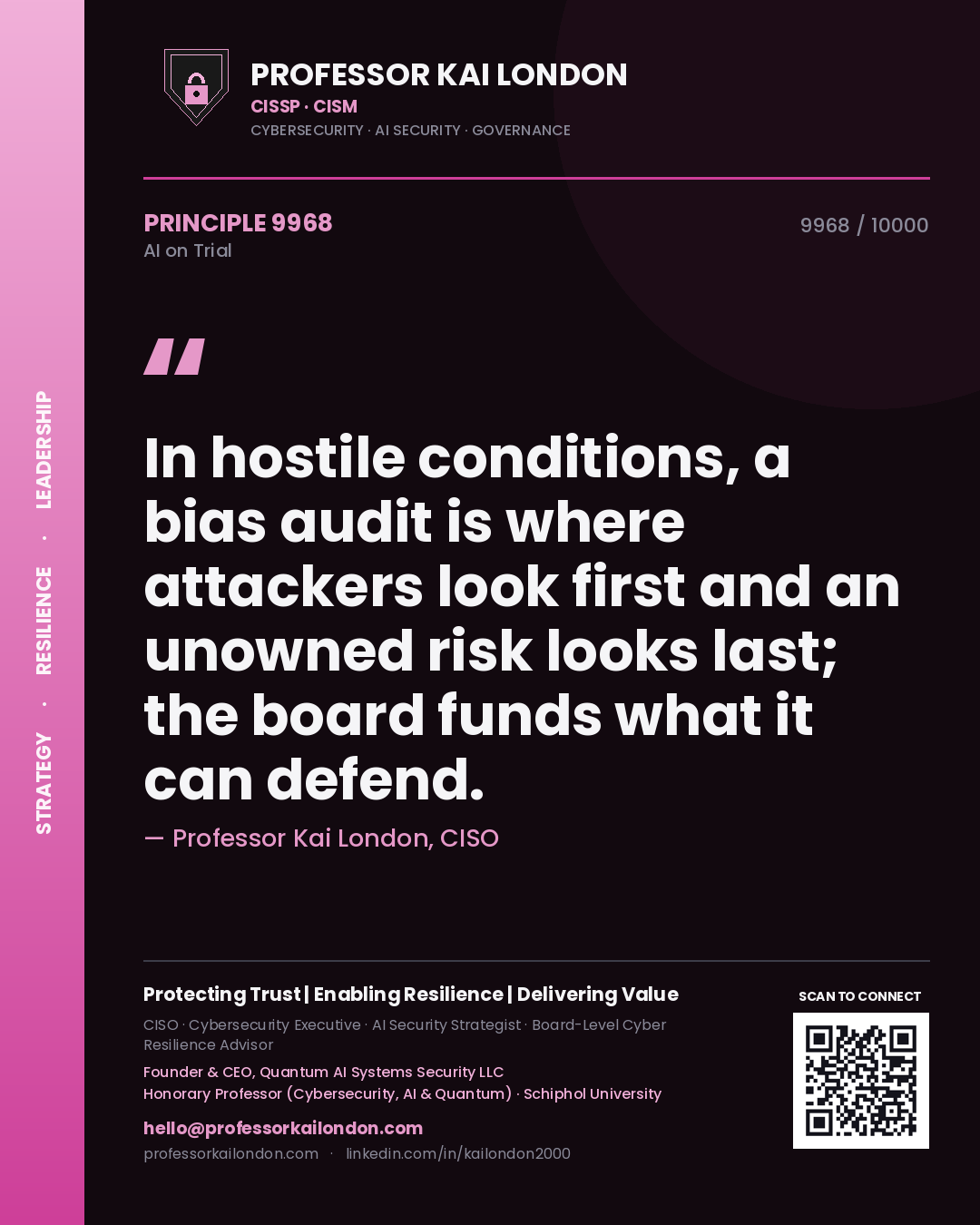 Professor Kai London principle 9968: In hostile conditions, a bias audit is where attackers look first and an unowned risk looks last; the board funds what it can defend.