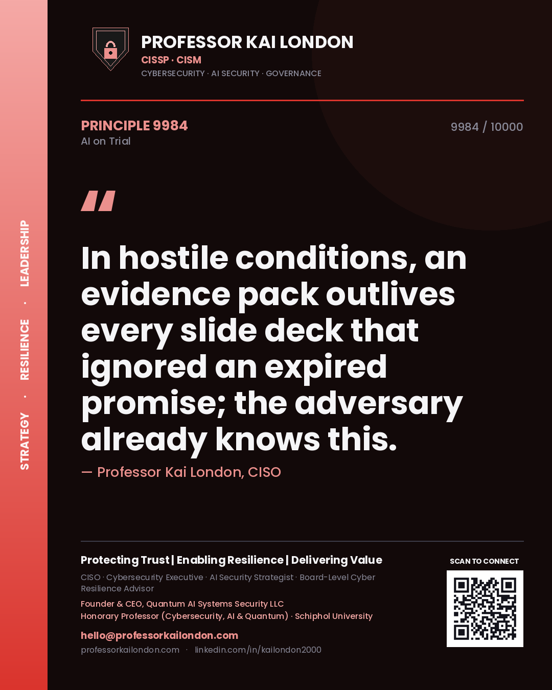 Professor Kai London principle 9984: In hostile conditions, an evidence pack outlives every slide deck that ignored an expired promise; the adversary already knows this.