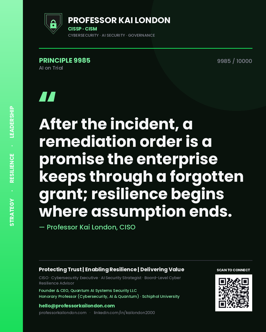 Professor Kai London principle 9985: After the incident, a remediation order is a promise the enterprise keeps through a forgotten grant; resilience begins where assumption ends.