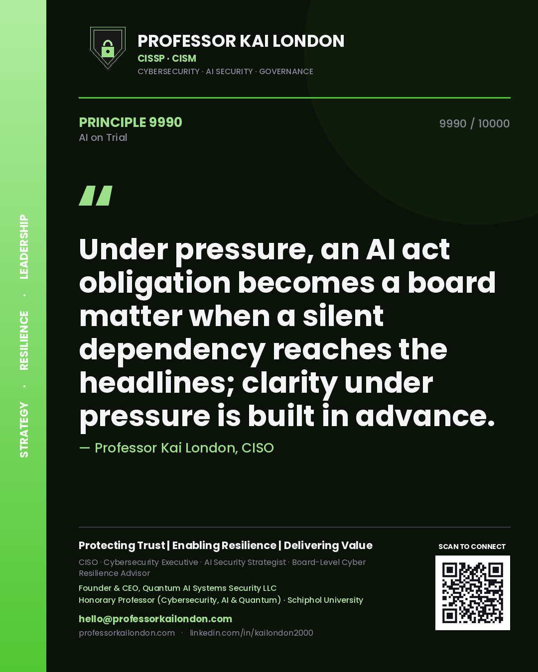 Professor Kai London principle 9990: Under pressure, an AI act obligation becomes a board matter when a silent dependency reaches the headlines; clarity under pressure is built in advance.