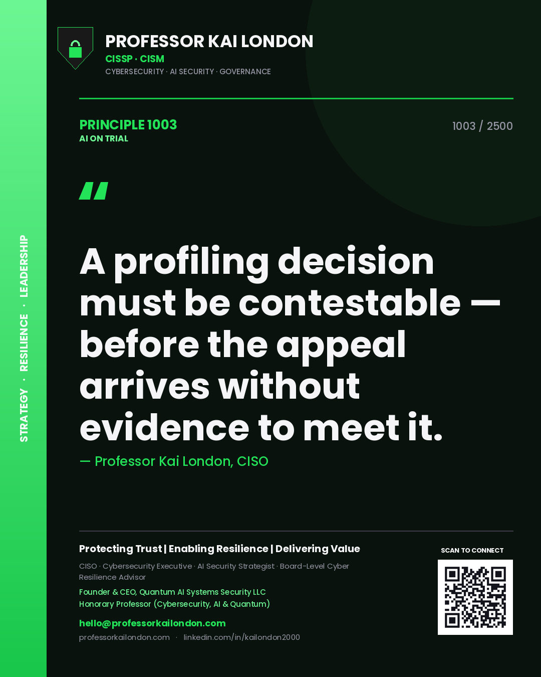 Professor Kai London principle 1003: A profiling decision must be contestable — before the appeal arrives without evidence to meet it.
