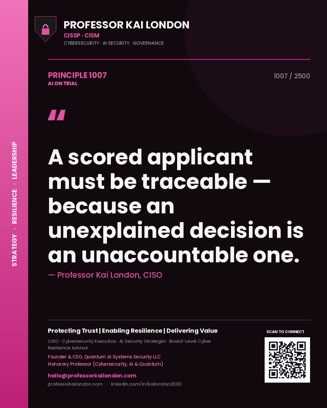 Professor Kai London principle 1007: A scored applicant must be traceable — because an unexplained decision is an unaccountable one.