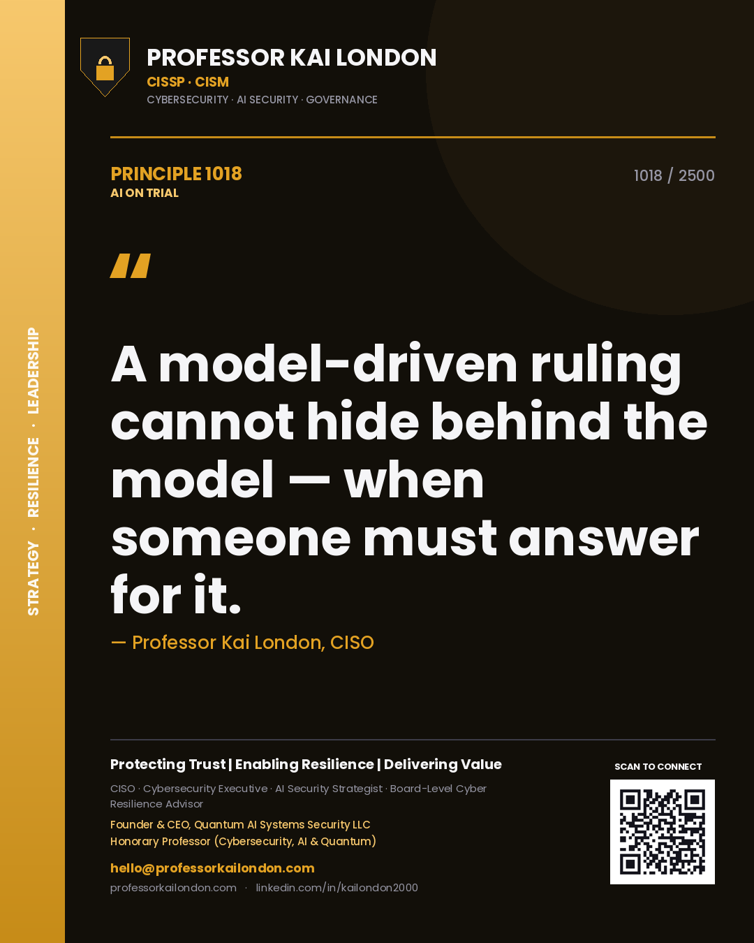 Professor Kai London principle 1018: A model-driven ruling cannot hide behind the model — when someone must answer for it.