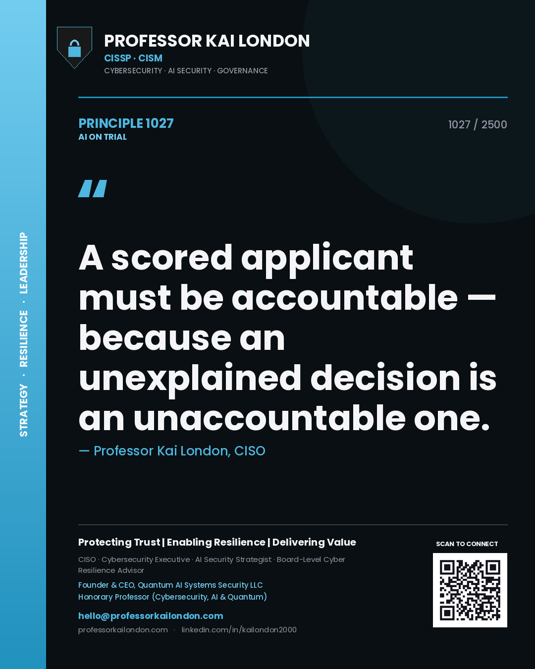 Professor Kai London principle 1027: A scored applicant must be accountable — because an unexplained decision is an unaccountable one.