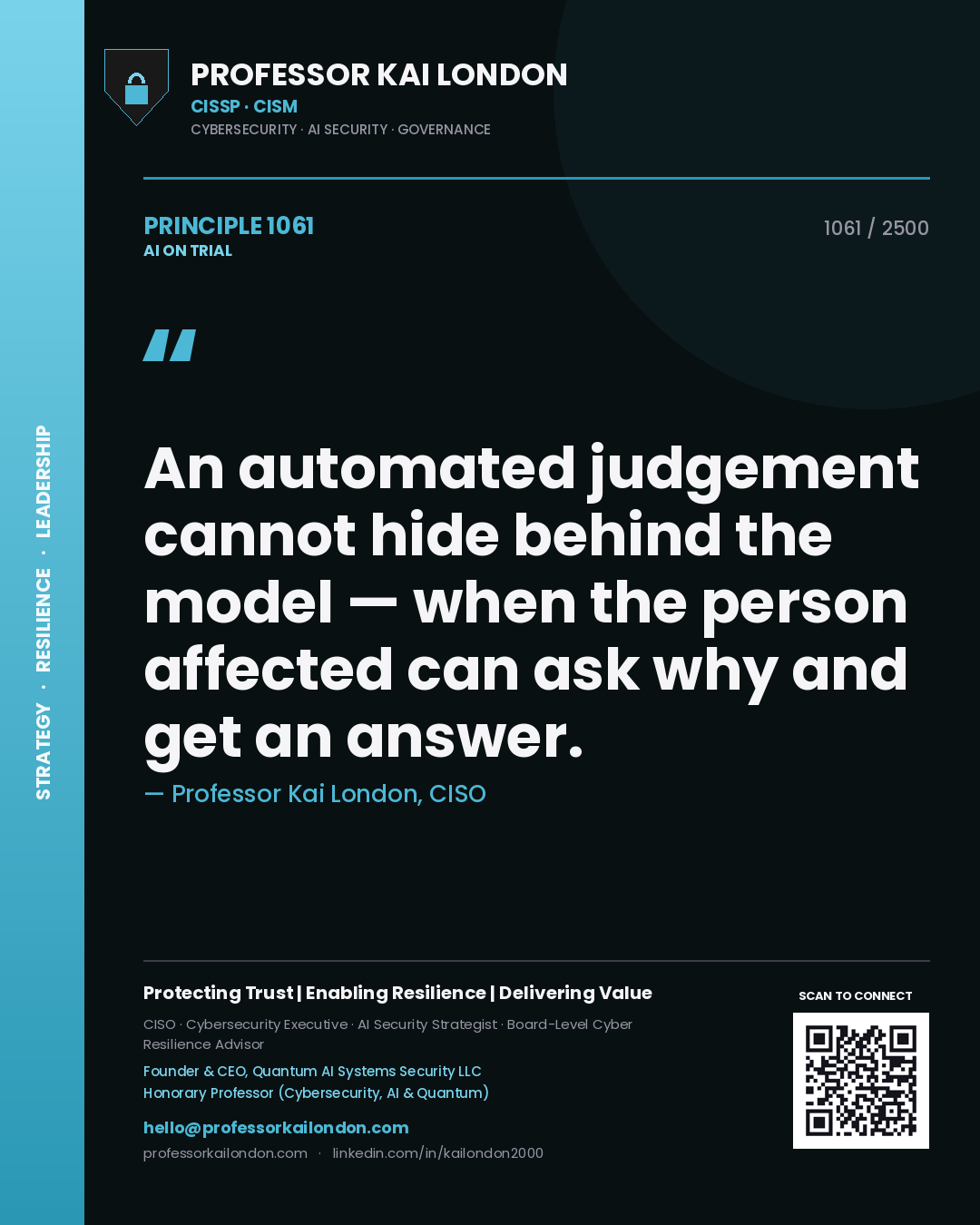 Professor Kai London principle 1061: An automated judgement cannot hide behind the model — when the person affected can ask why and get an answer.