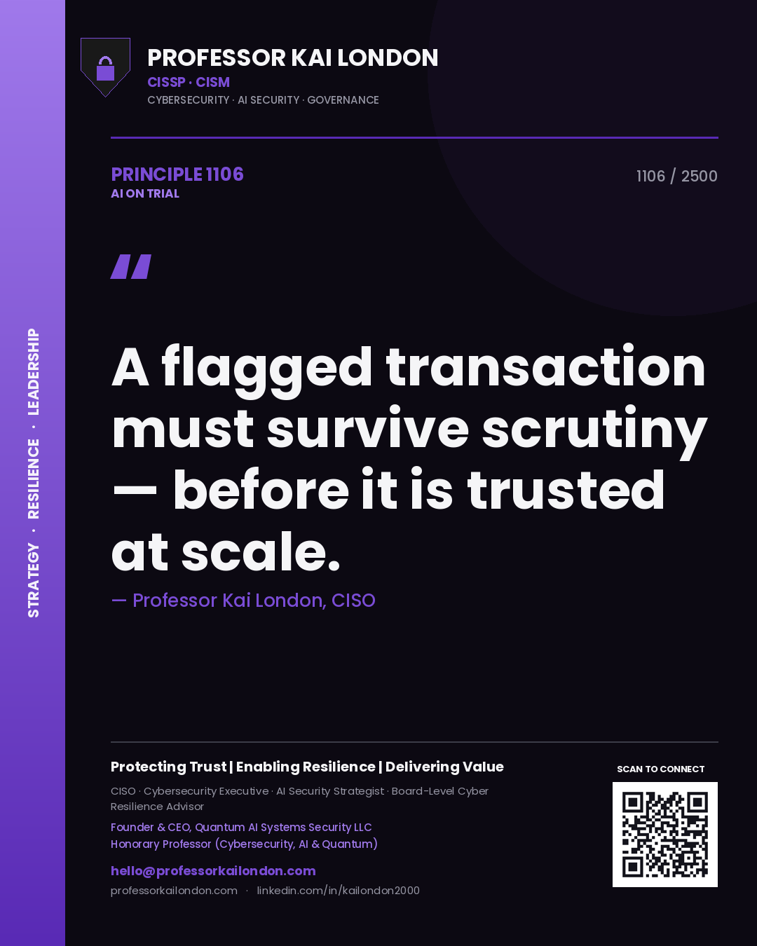 Professor Kai London principle 1106: A flagged transaction must survive scrutiny — before it is trusted at scale.