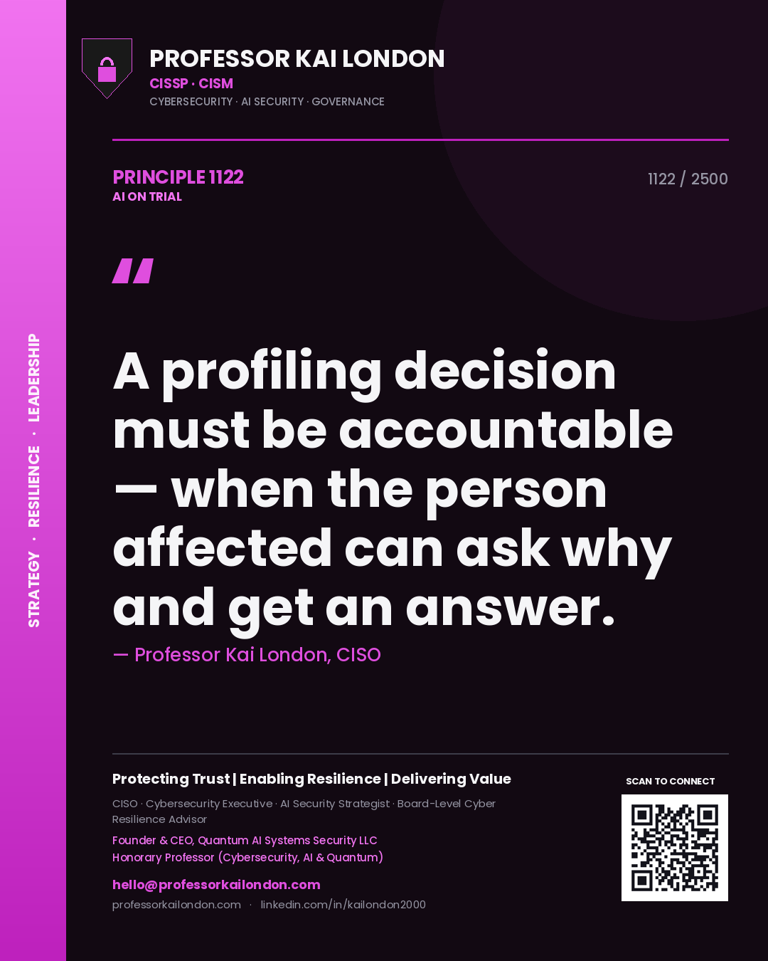 Professor Kai London principle 1122: A profiling decision must be accountable — when the person affected can ask why and get an answer.