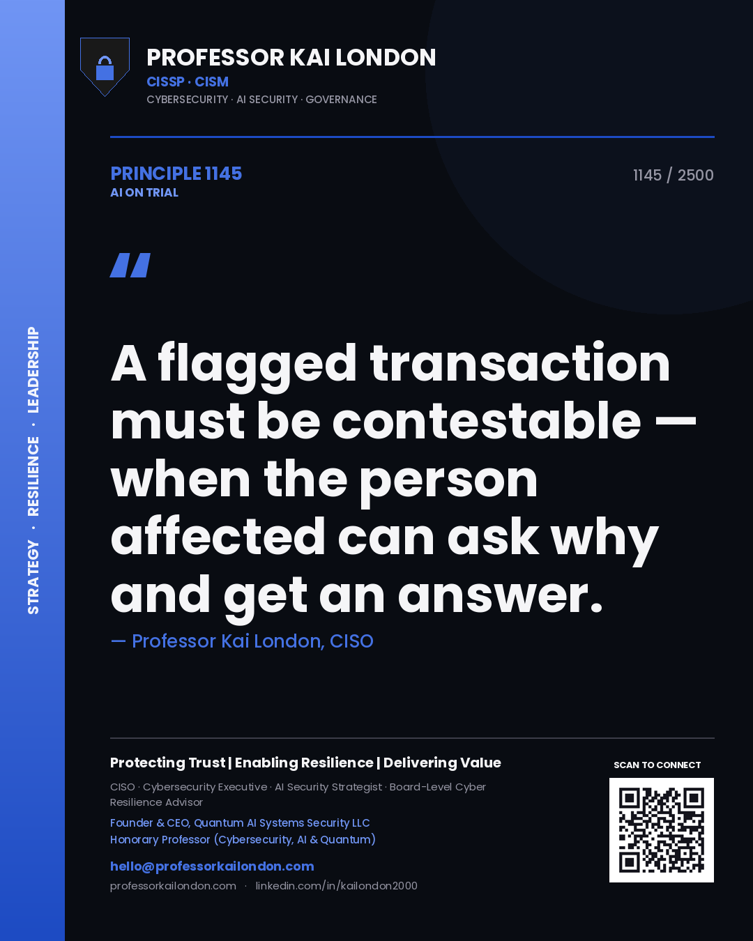 Professor Kai London principle 1145: A flagged transaction must be contestable — when the person affected can ask why and get an answer.