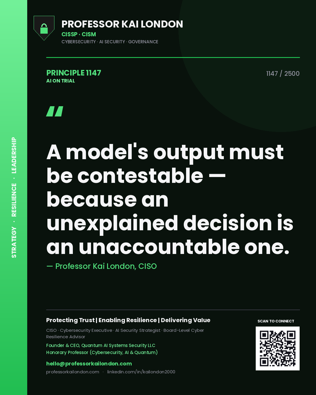 Professor Kai London principle 1147: A model's output must be contestable — because an unexplained decision is an unaccountable one.