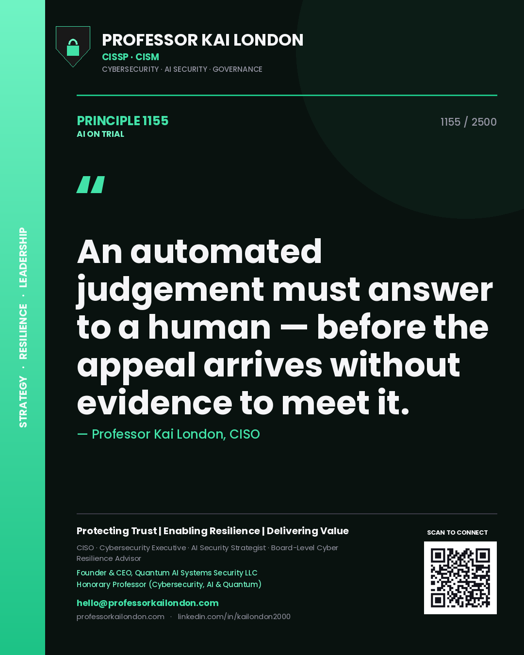 Professor Kai London principle 1155: An automated judgement must answer to a human — before the appeal arrives without evidence to meet it.