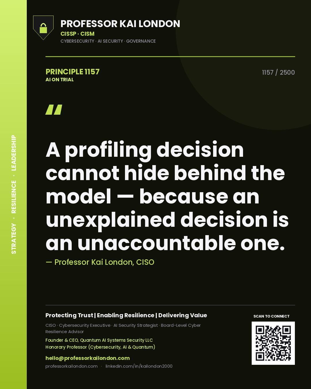 Professor Kai London principle 1157: A profiling decision cannot hide behind the model — because an unexplained decision is an unaccountable one.