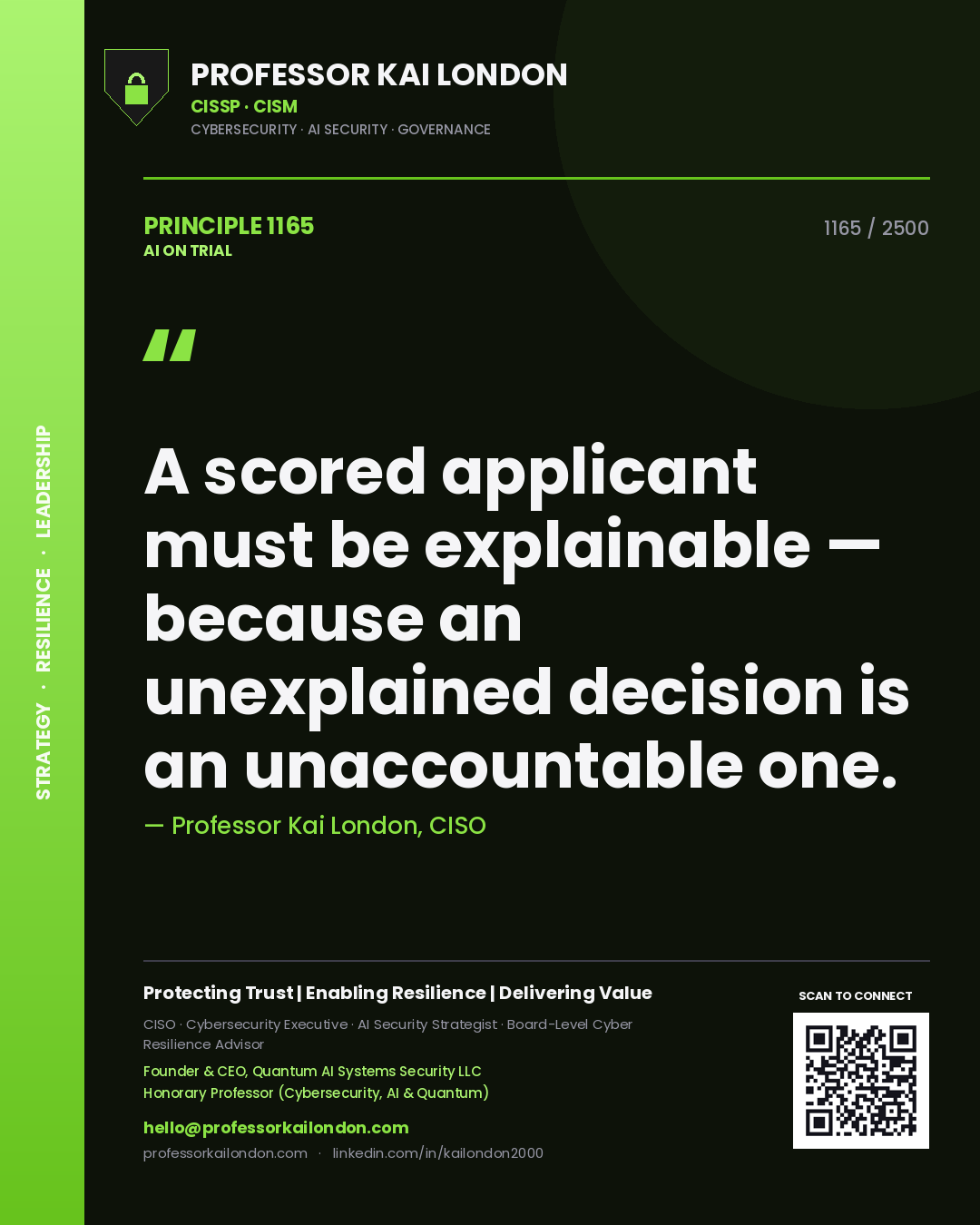 Professor Kai London principle 1165: A scored applicant must be explainable — because an unexplained decision is an unaccountable one.