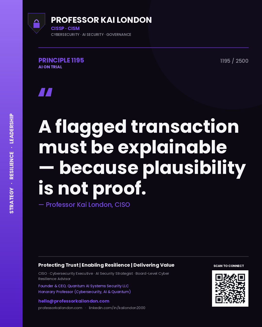 Professor Kai London principle 1195: A flagged transaction must be explainable — because plausibility is not proof.