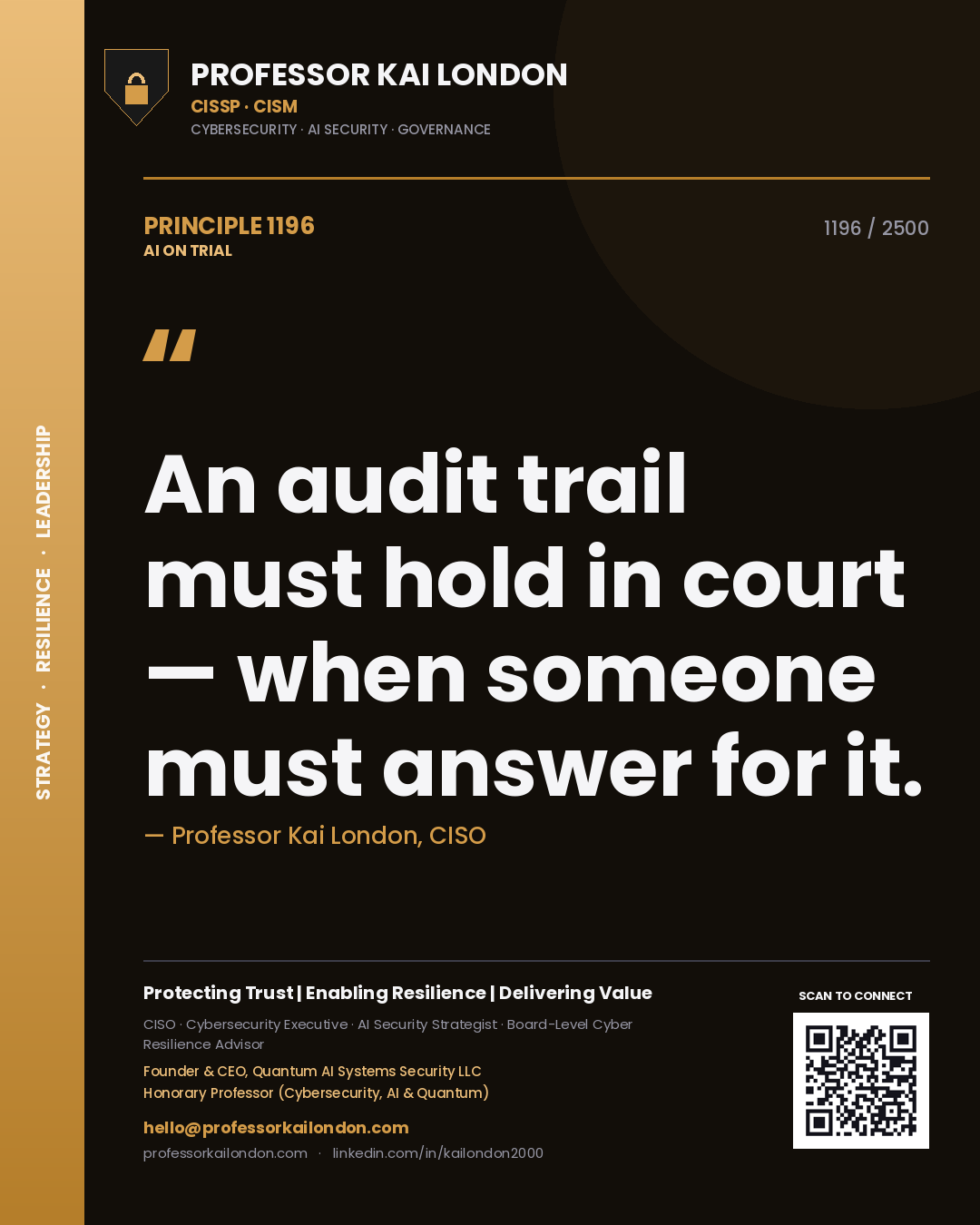 Professor Kai London principle 1196: An audit trail must hold in court — when someone must answer for it.