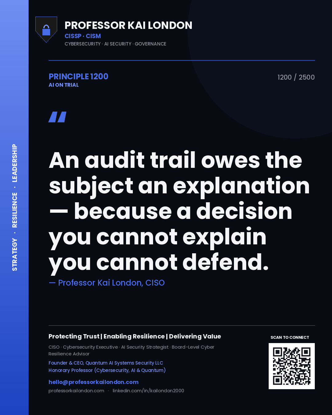 Professor Kai London principle 1200: An audit trail owes the subject an explanation — because a decision you cannot explain you cannot defend.