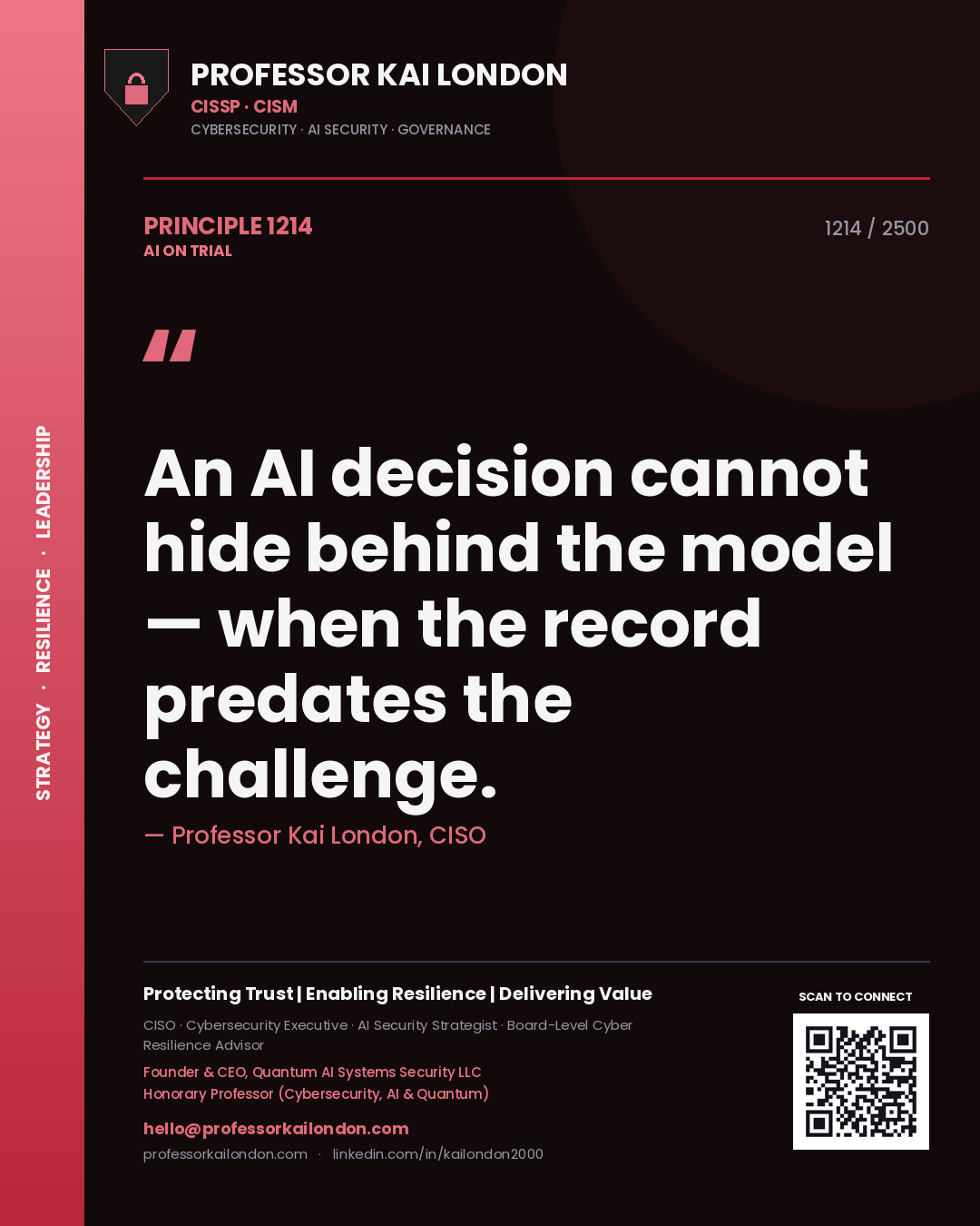 Professor Kai London principle 1214: An AI decision cannot hide behind the model — when the record predates the challenge.