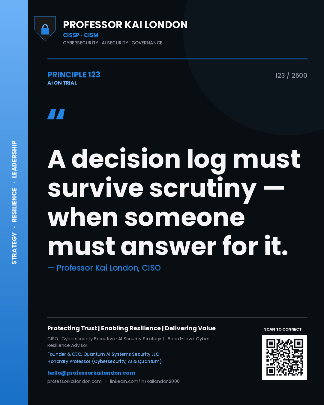 Professor Kai London principle 123: A decision log must survive scrutiny — when someone must answer for it.