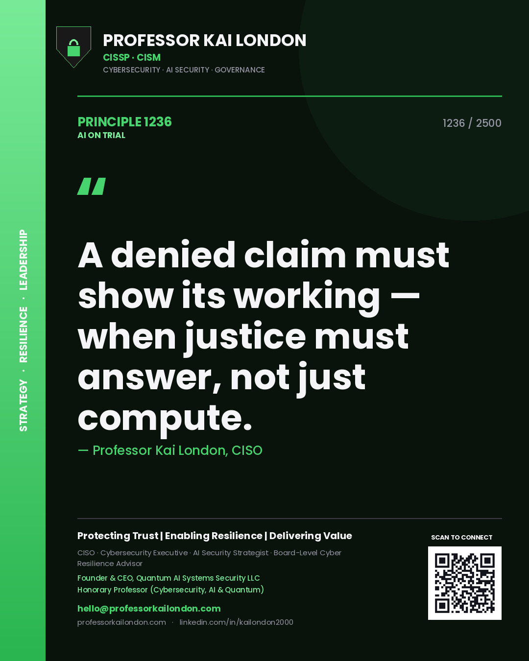 Professor Kai London principle 1236: A denied claim must show its working — when justice must answer, not just compute.