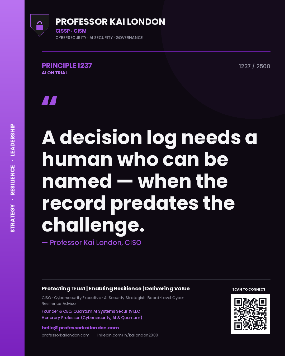 Professor Kai London principle 1237: A decision log needs a human who can be named — when the record predates the challenge.