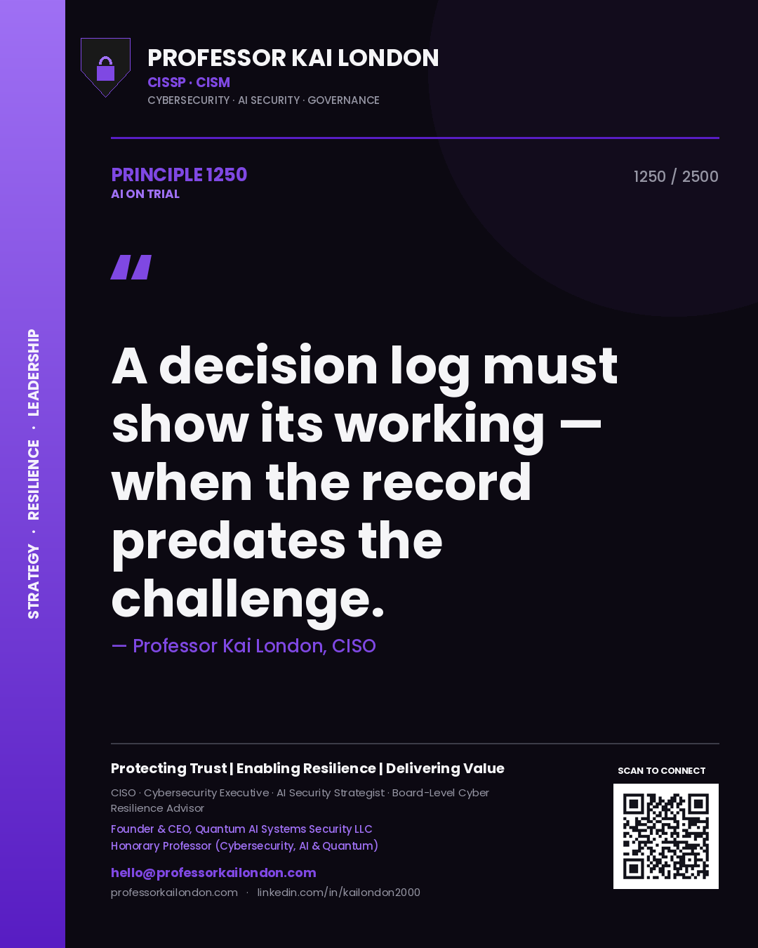 Professor Kai London principle 1250: A decision log must show its working — when the record predates the challenge.