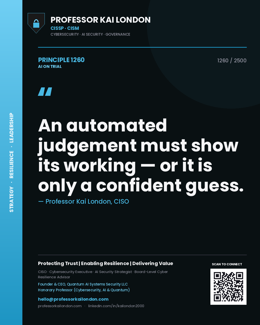 Professor Kai London principle 1260: An automated judgement must show its working — or it is only a confident guess.
