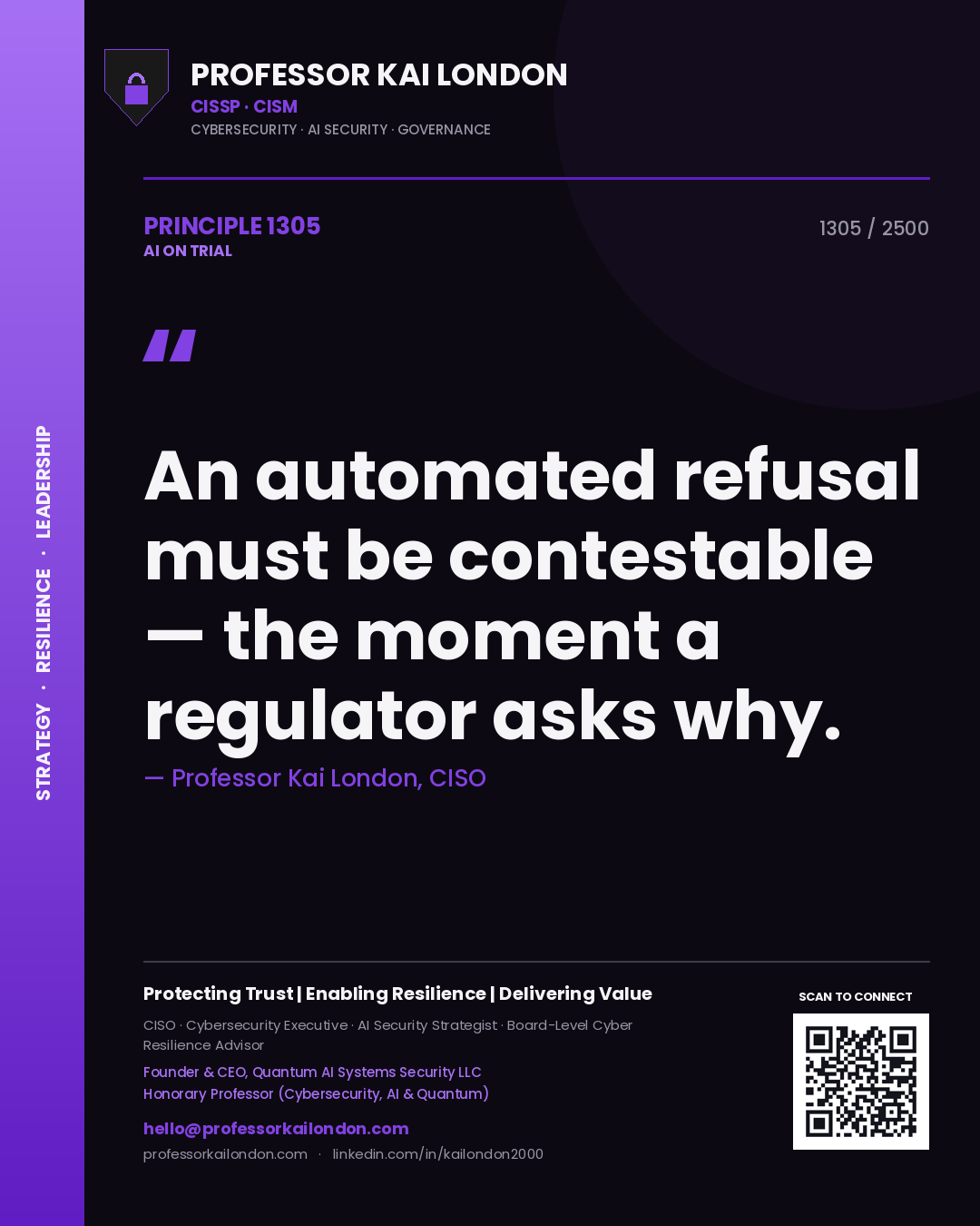 Professor Kai London principle 1305: An automated refusal must be contestable — the moment a regulator asks why.