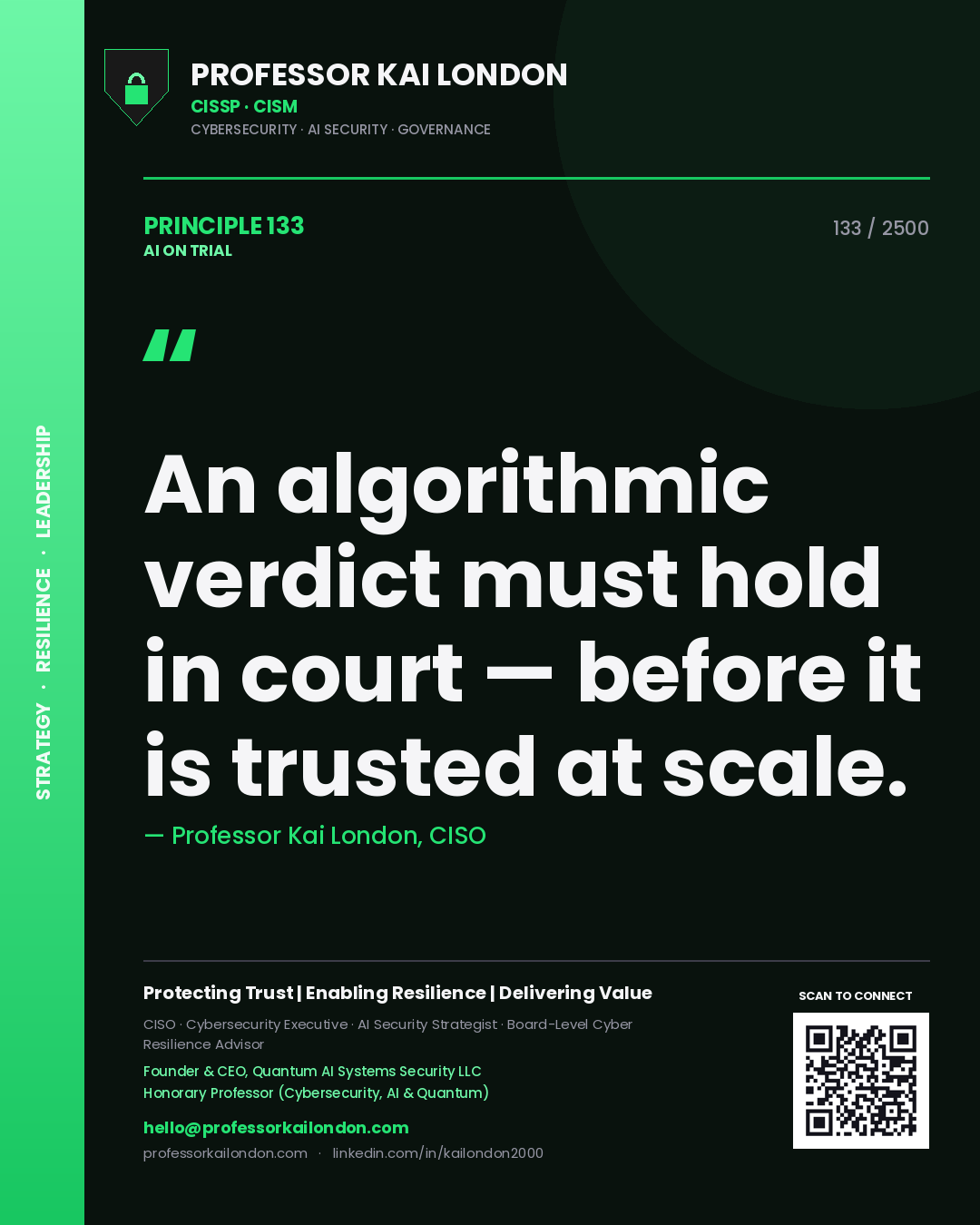 Professor Kai London principle 133: An algorithmic verdict must hold in court — before it is trusted at scale.