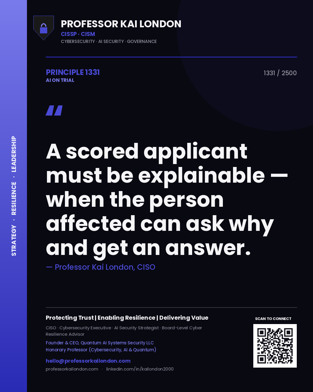 Professor Kai London principle 1331: A scored applicant must be explainable — when the person affected can ask why and get an answer.