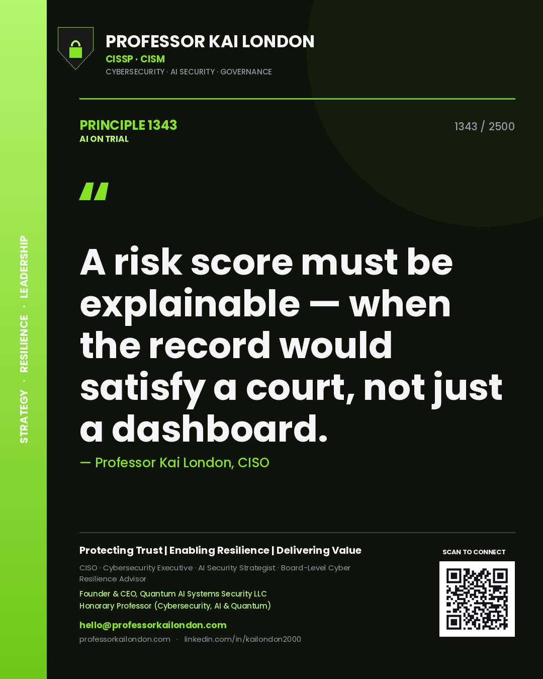 Professor Kai London principle 1343: A risk score must be explainable — when the record would satisfy a court, not just a dashboard.