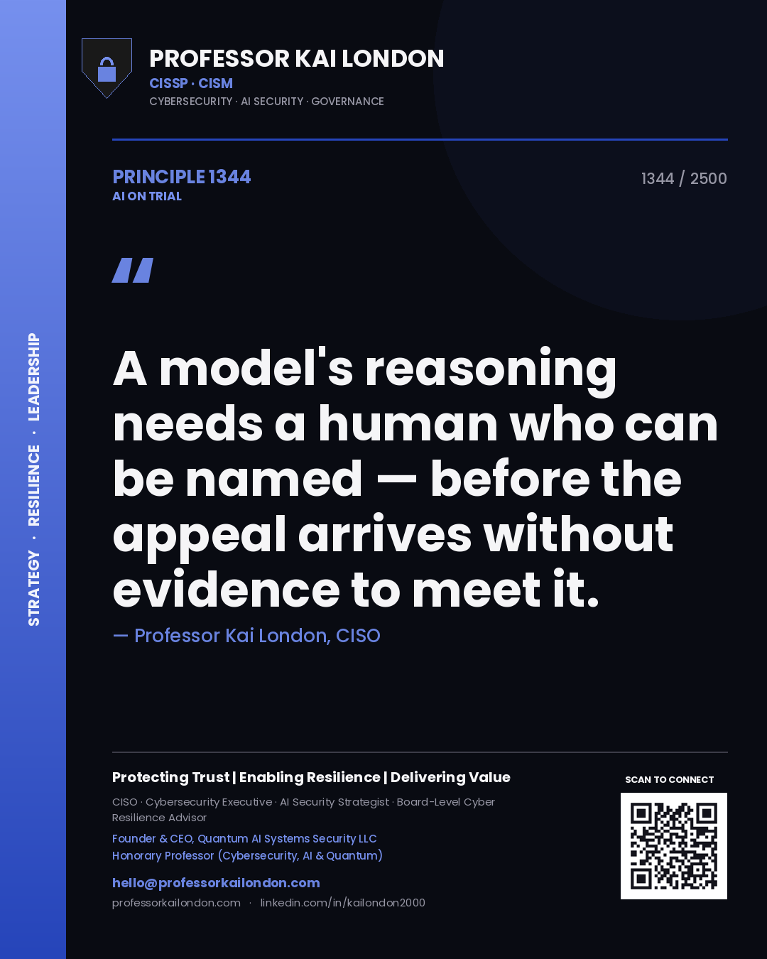 Professor Kai London principle 1344: A model's reasoning needs a human who can be named — before the appeal arrives without evidence to meet it.