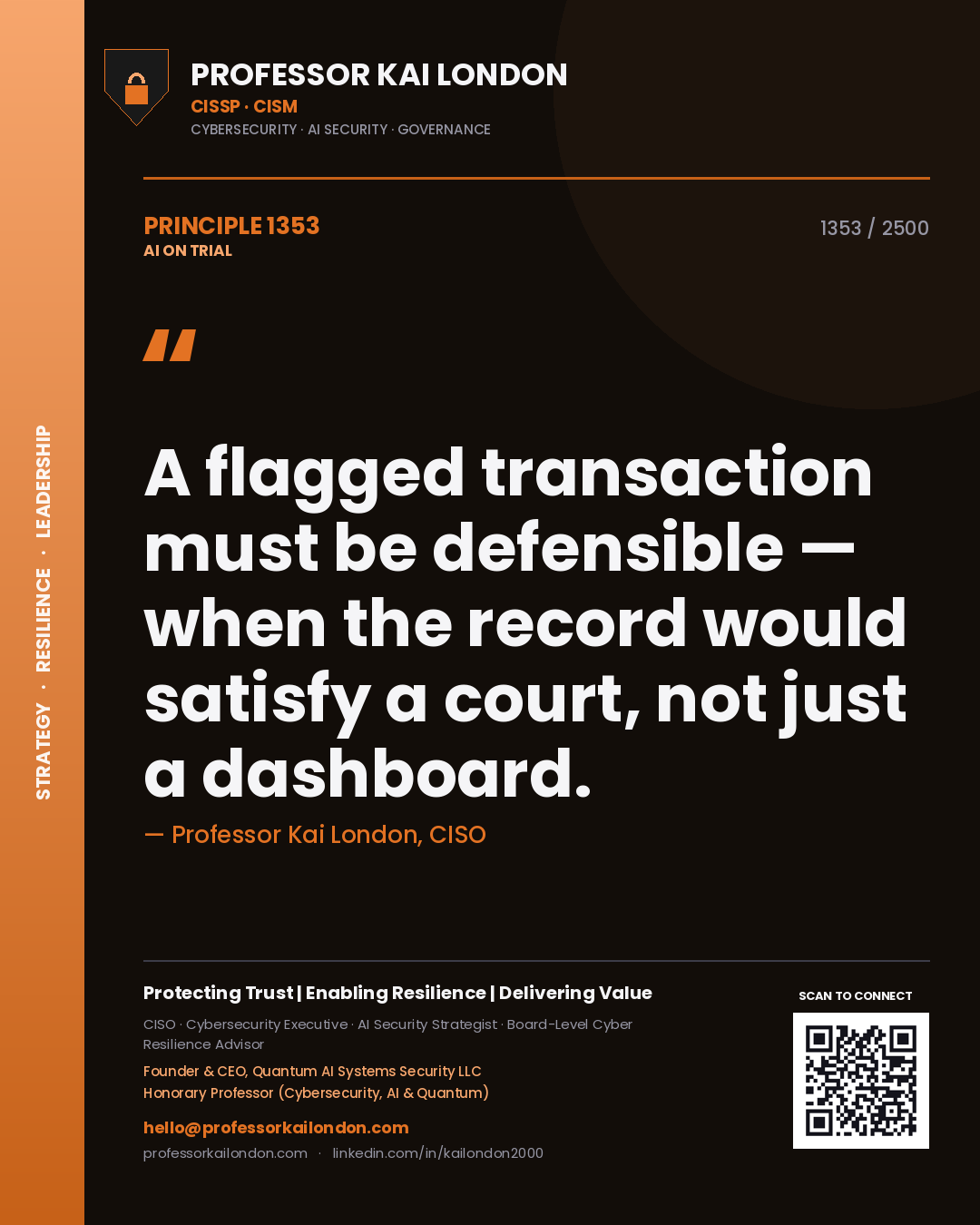 Professor Kai London principle 1353: A flagged transaction must be defensible — when the record would satisfy a court, not just a dashboard.