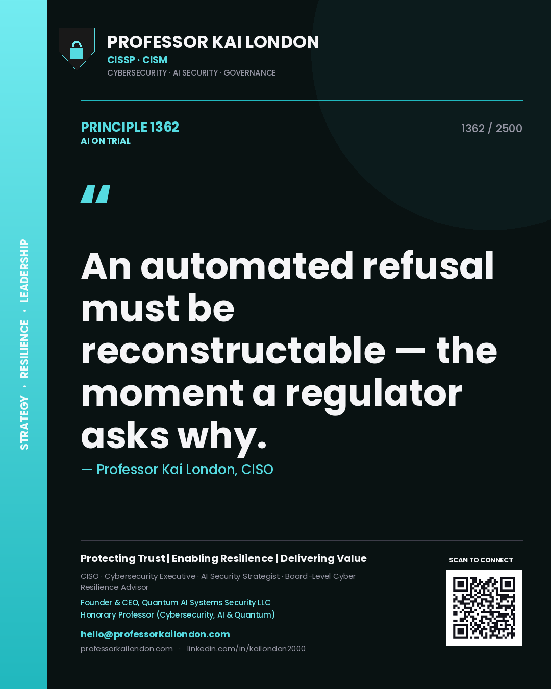 Professor Kai London principle 1362: An automated refusal must be reconstructable — the moment a regulator asks why.