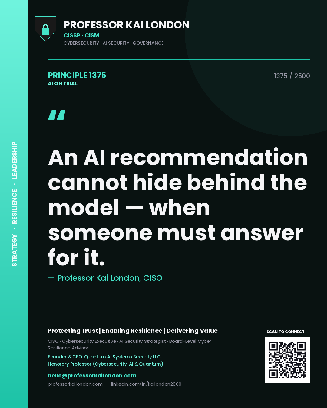 Professor Kai London principle 1375: An AI recommendation cannot hide behind the model — when someone must answer for it.