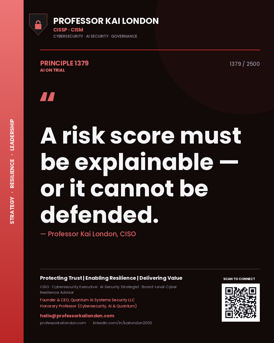 Professor Kai London principle 1379: A risk score must be explainable — or it cannot be defended.