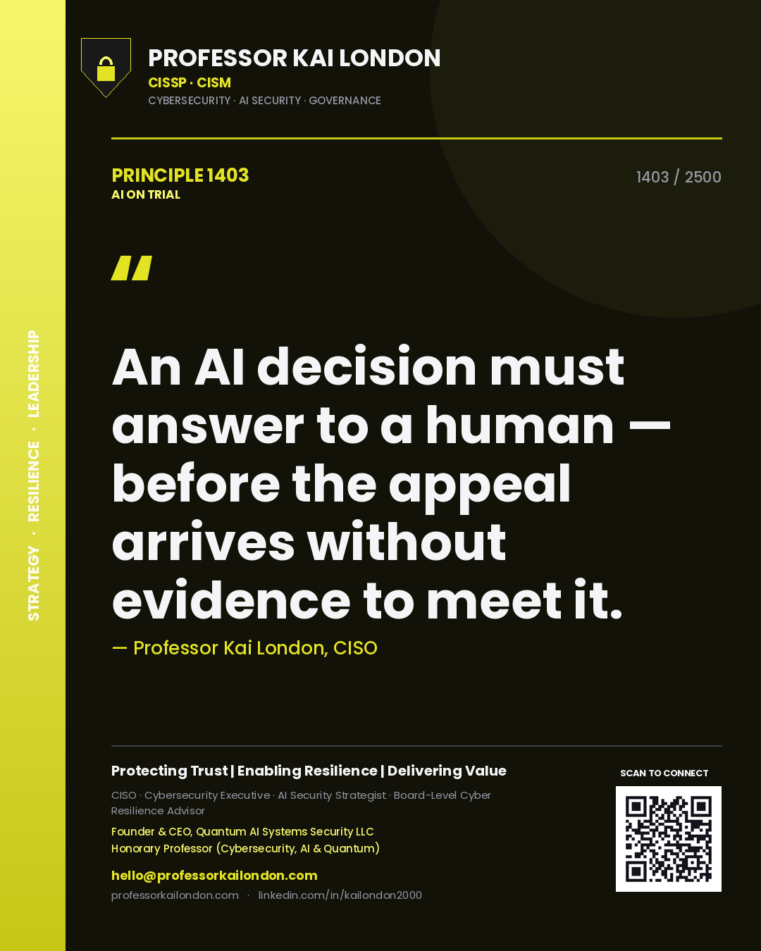 Professor Kai London principle 1403: An AI decision must answer to a human — before the appeal arrives without evidence to meet it.