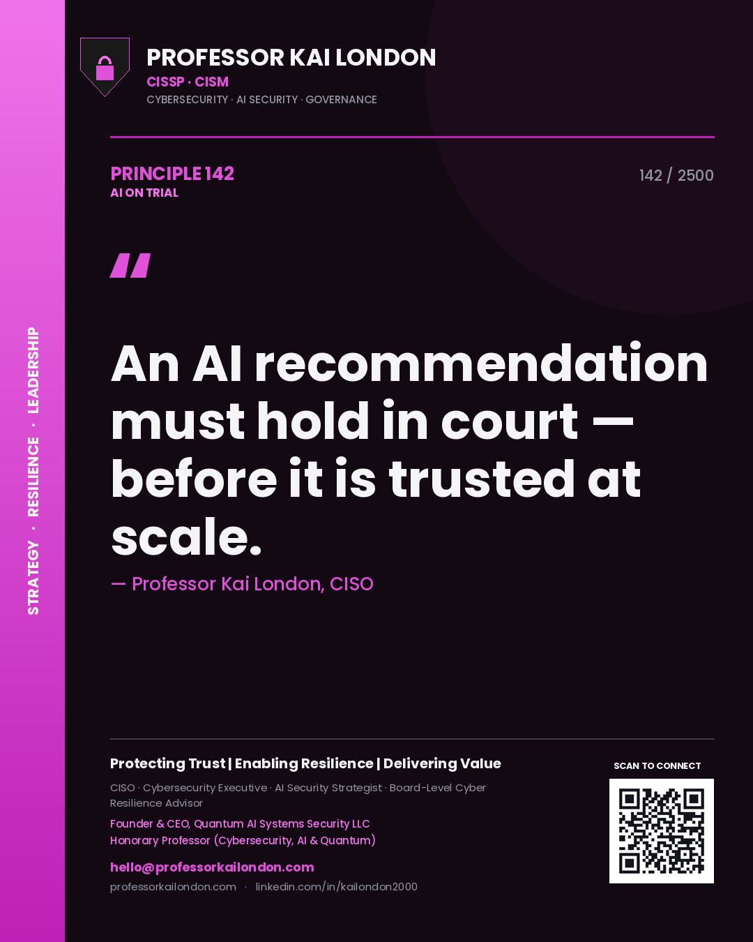 Professor Kai London principle 142: An AI recommendation must hold in court — before it is trusted at scale.