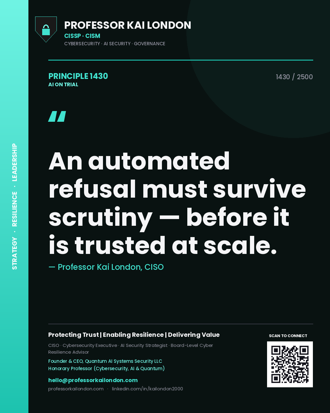 Professor Kai London principle 1430: An automated refusal must survive scrutiny — before it is trusted at scale.