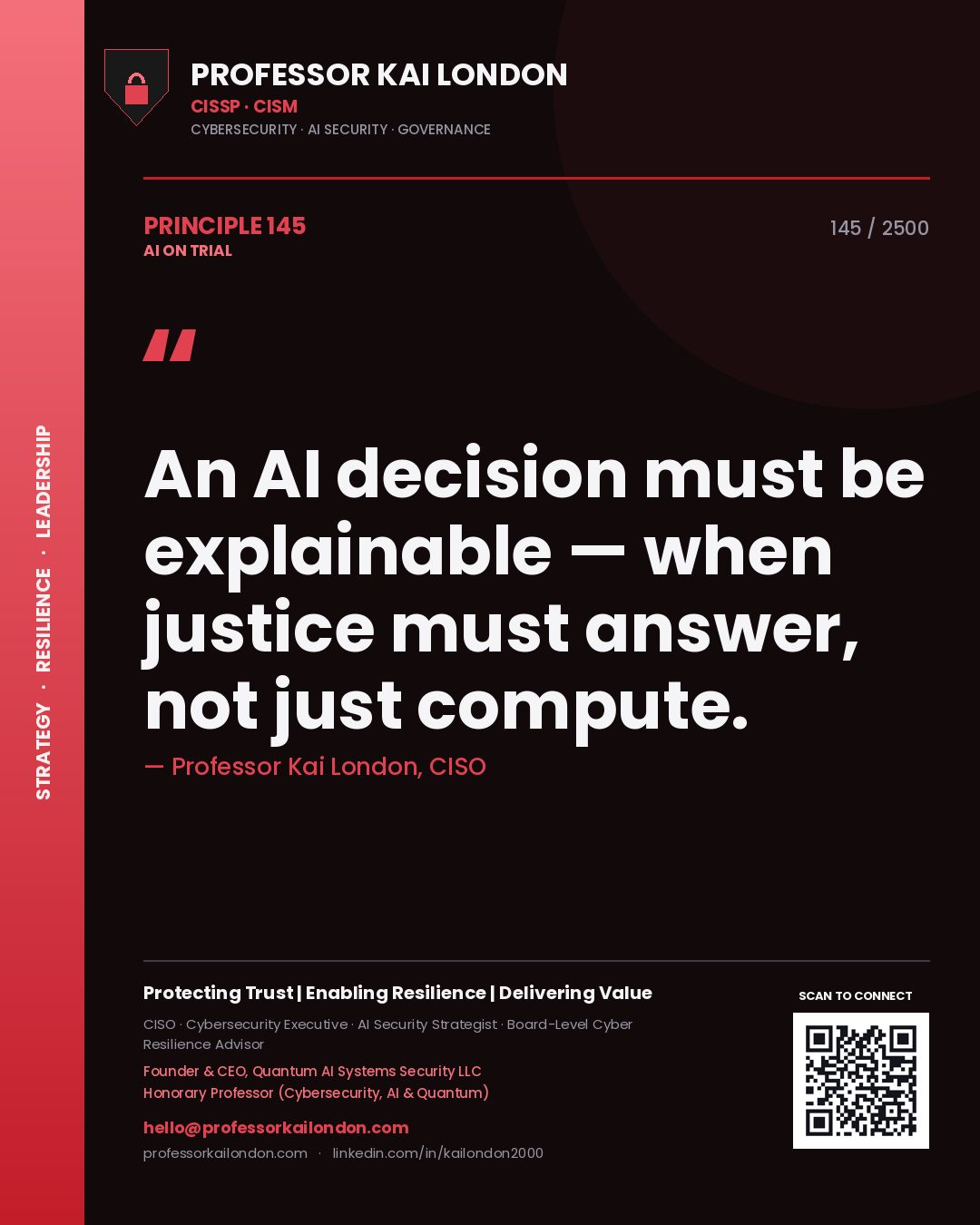 Professor Kai London principle 145: An AI decision must be explainable — when justice must answer, not just compute.