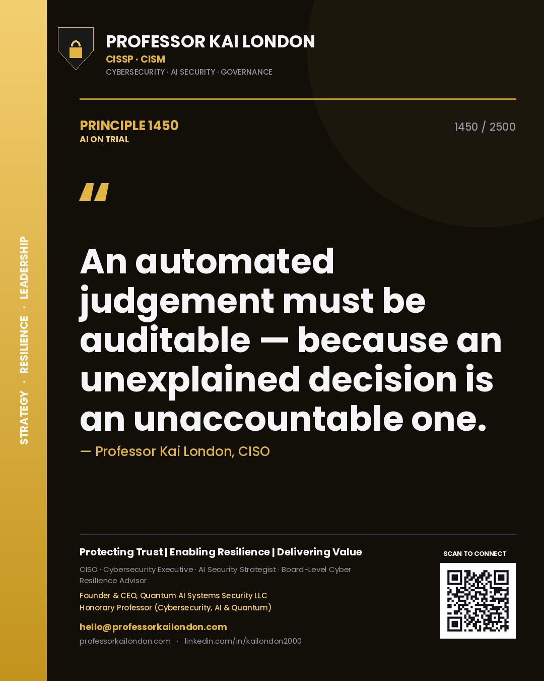 Professor Kai London principle 1450: An automated judgement must be auditable — because an unexplained decision is an unaccountable one.