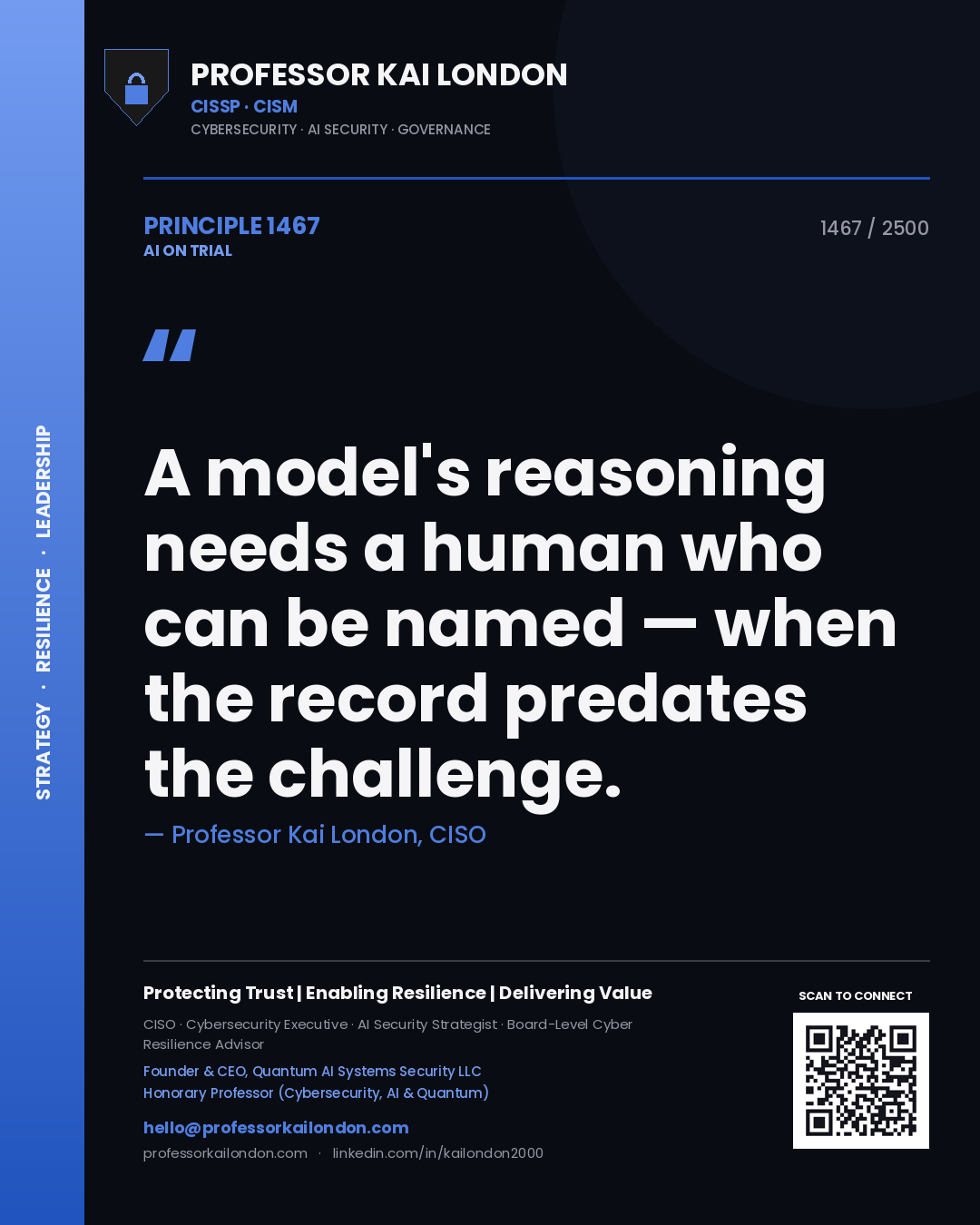 Professor Kai London principle 1467: A model's reasoning needs a human who can be named — when the record predates the challenge.