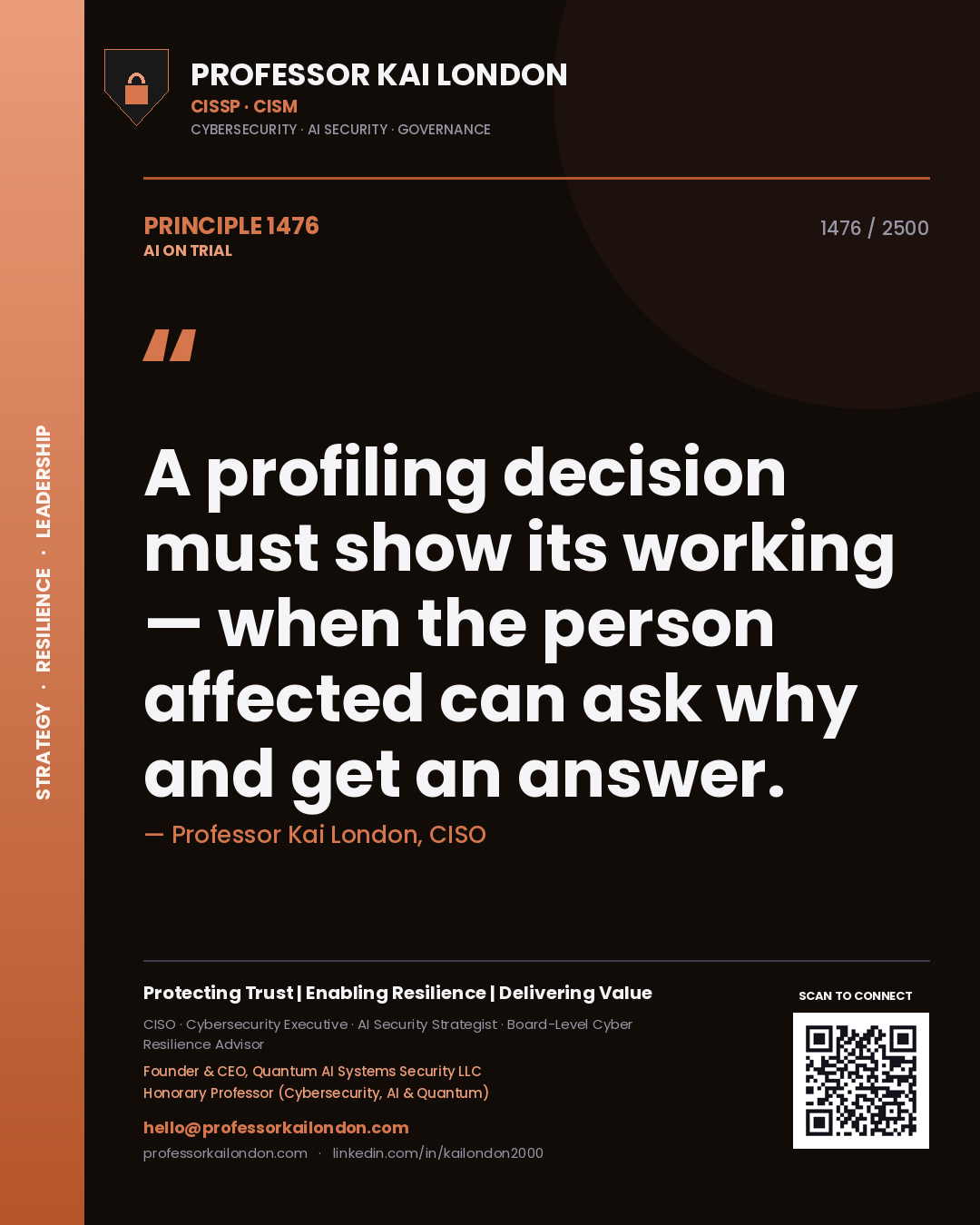 Professor Kai London principle 1476: A profiling decision must show its working — when the person affected can ask why and get an answer.