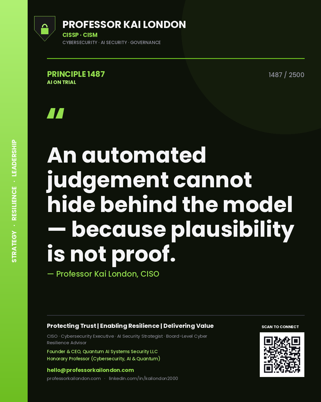Professor Kai London principle 1487: An automated judgement cannot hide behind the model — because plausibility is not proof.