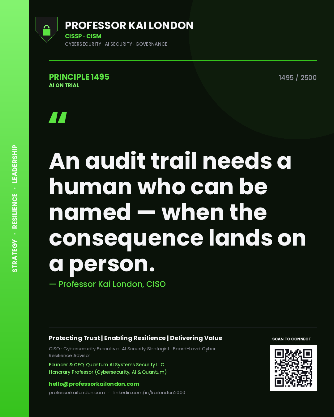 Professor Kai London principle 1495: An audit trail needs a human who can be named — when the consequence lands on a person.