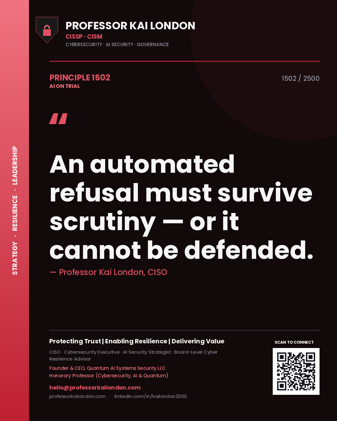 Professor Kai London principle 1502: An automated refusal must survive scrutiny — or it cannot be defended.